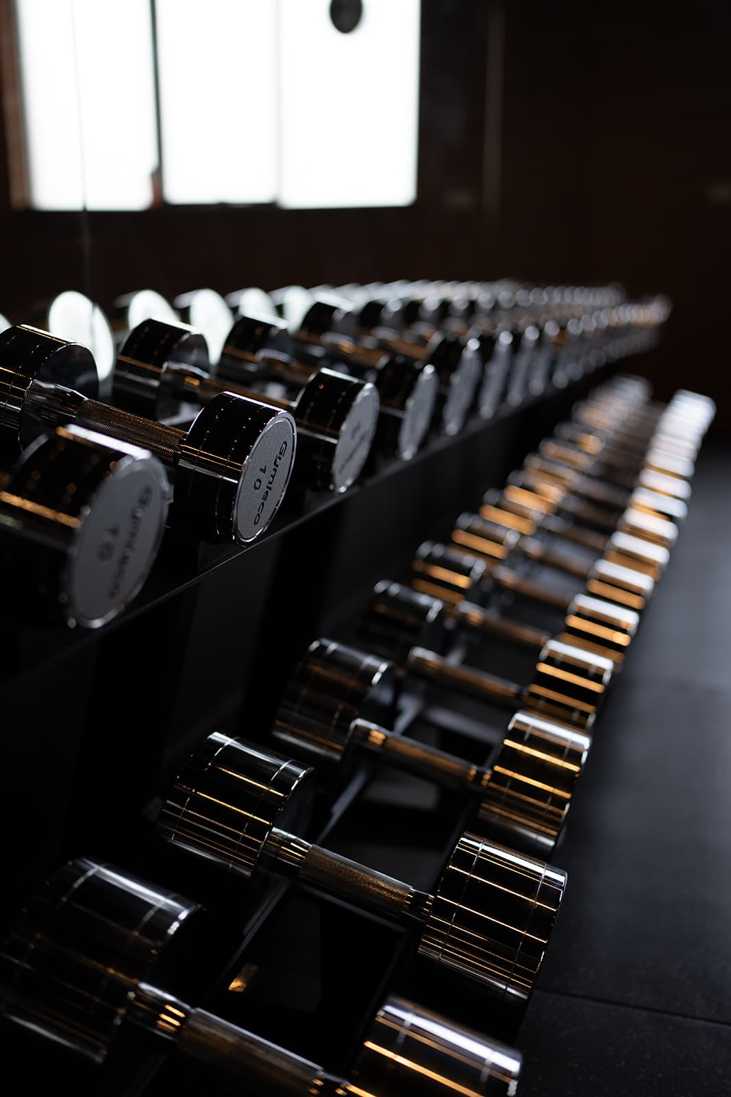 Rows of polished chrome dumbbells arranged by weight on black racks